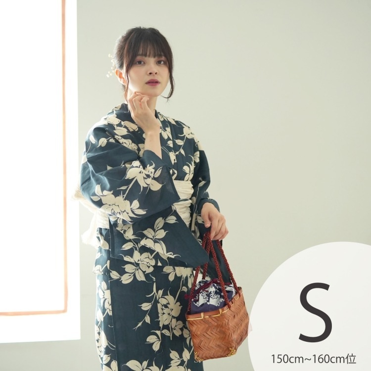 utatane 浴衣3点セット（S） 国内染色 古典柄 レトロ アンティーク系 花柄 紺系|浴衣（ゆかた）|レディース