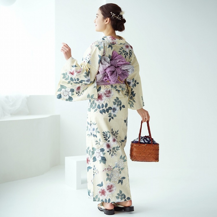 utatane 浴衣3点セット(F) 高級変わり織り 大人 綺麗系 薔薇 ベージュ系-浴衣結(ゆかたむすび)