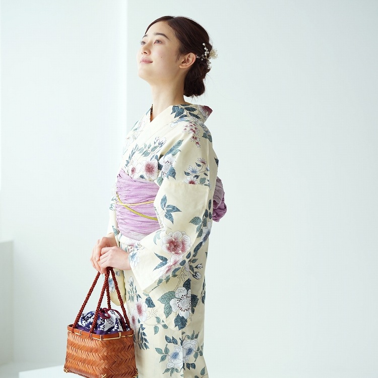 utatane 浴衣3点セット(F) 高級変わり織り 大人 綺麗系 薔薇 ベージュ系-浴衣結(ゆかたむすび)