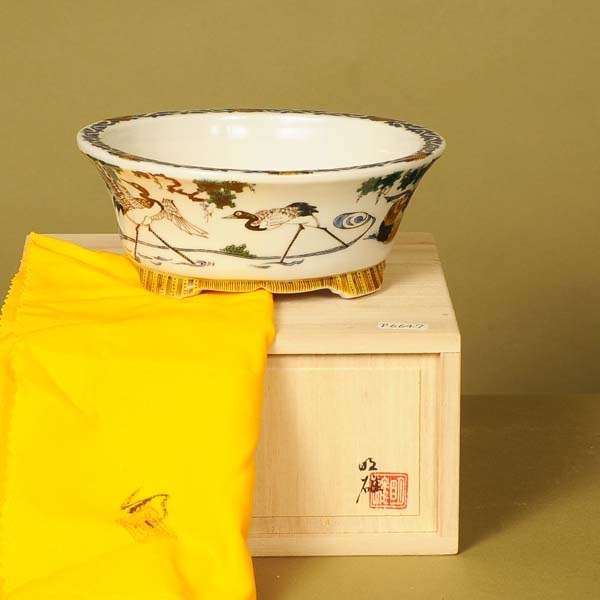 作家鉢：九谷晃雲 色絵瑞鶴図楕円鉢 15.0cm 【現】*資材 | 盆栽鉢