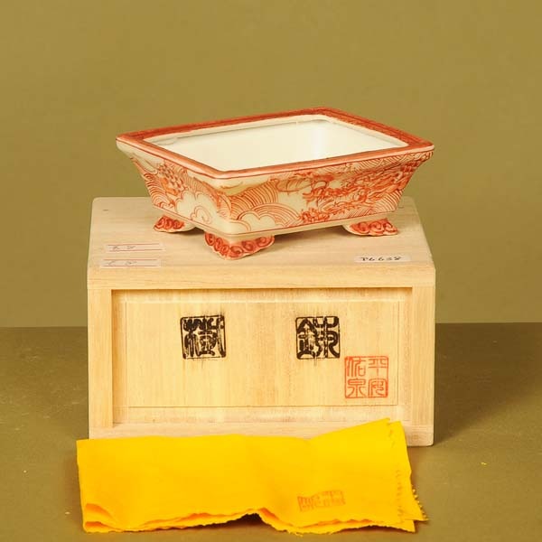 小品盆栽鉢　盆栽鉢　佑泉 中古】盆栽鉢 平安佑泉 小鉢 長辺 約9.5cm 長方鉢 赤絵 山水図