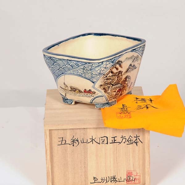 盆栽小鉢：寿（上州勝山画）五彩山水図 正方鉢 【現品】*資材 | 盆栽鉢