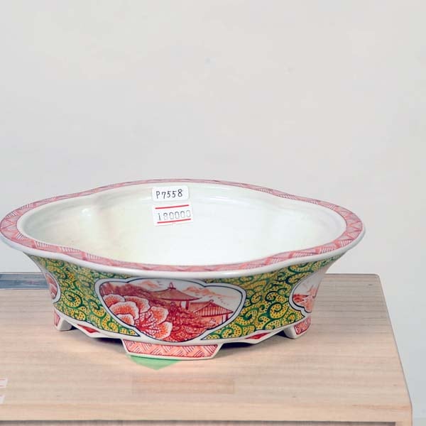 現代小鉢：月香 色絵唐草赤絵山水楼閣図木瓜鉢 19.0cm【現品】*gekkou
