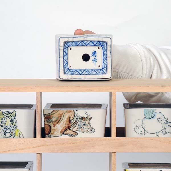 小品盆栽鉢唐峯 盆栽鉢 唐峰 小型 長辺 約12.5cm 長方鉢 縁付 染