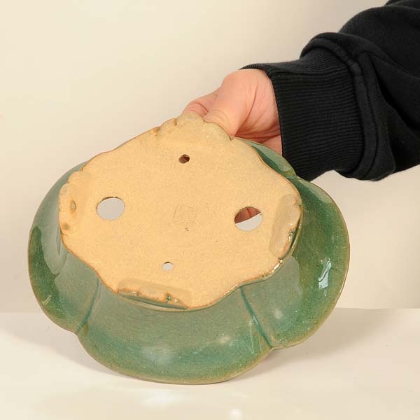 美品'70年頃◇常滑鉢 柴田馨山作 寄せ植え用 楕円葉形平鉢 茶色 和鉢