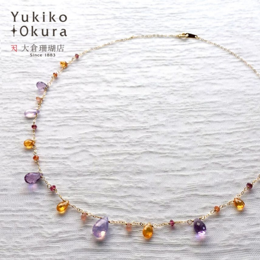 K18 パープルクォーツ・オレンジガーネット・アメシストフリンジネックレス