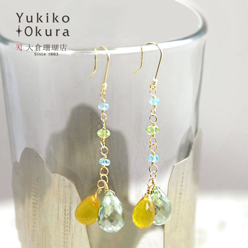 K18イエロー×グリーンロングイヤリングピアス