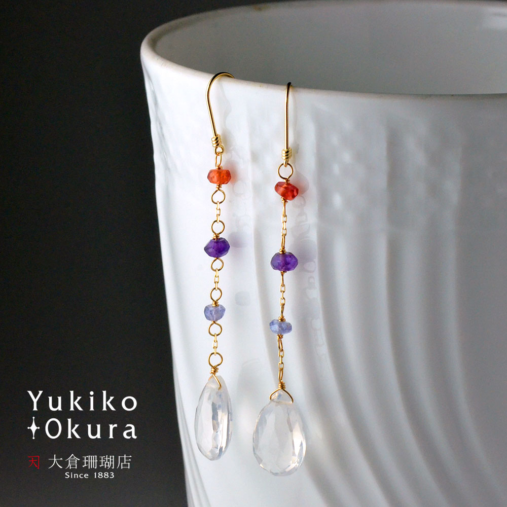 K18 ミルキークォーツ アメシスト サファイア ロングイヤリング ピアス