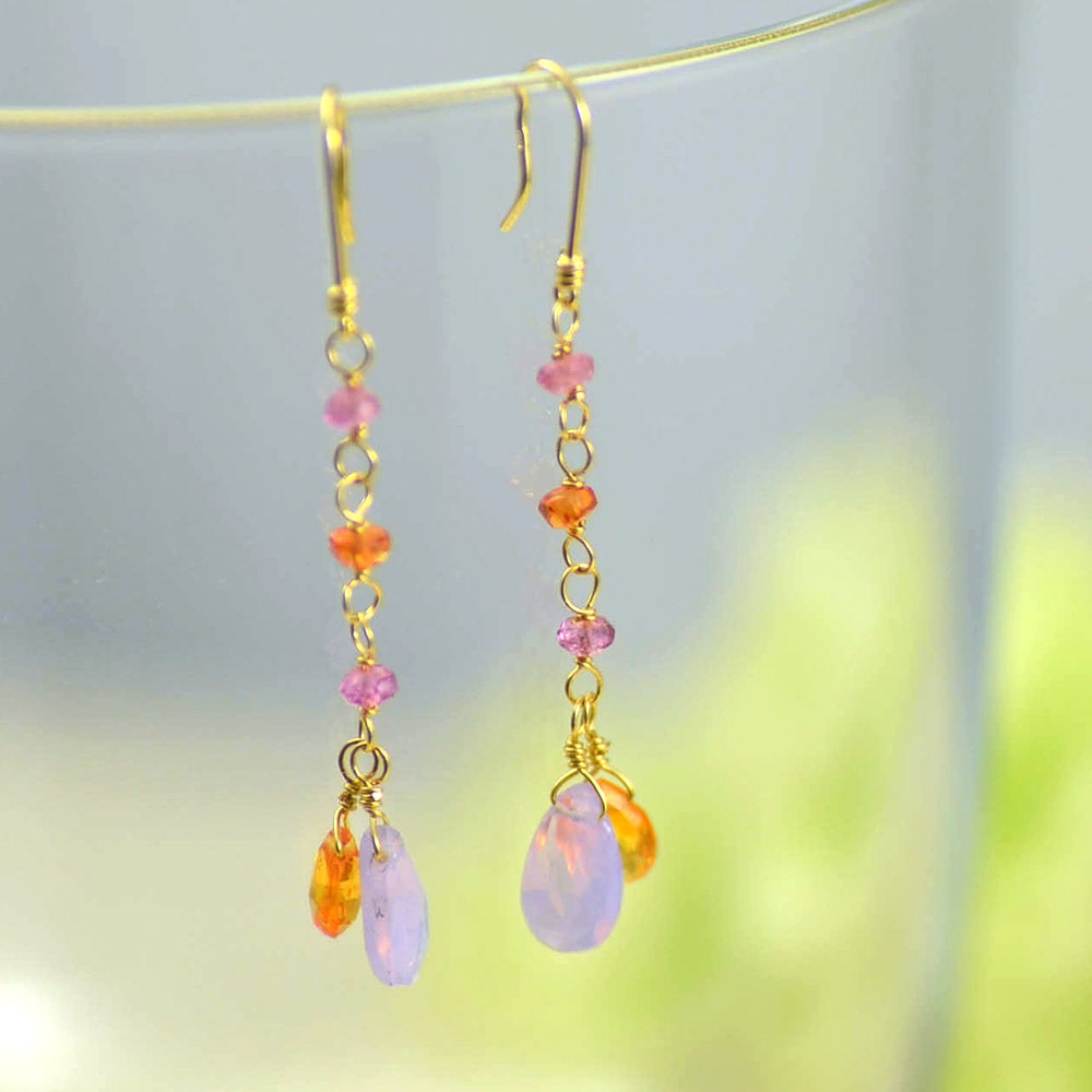 K18 パープルクォーツ・オレンジガーネットロングイヤリングピアス