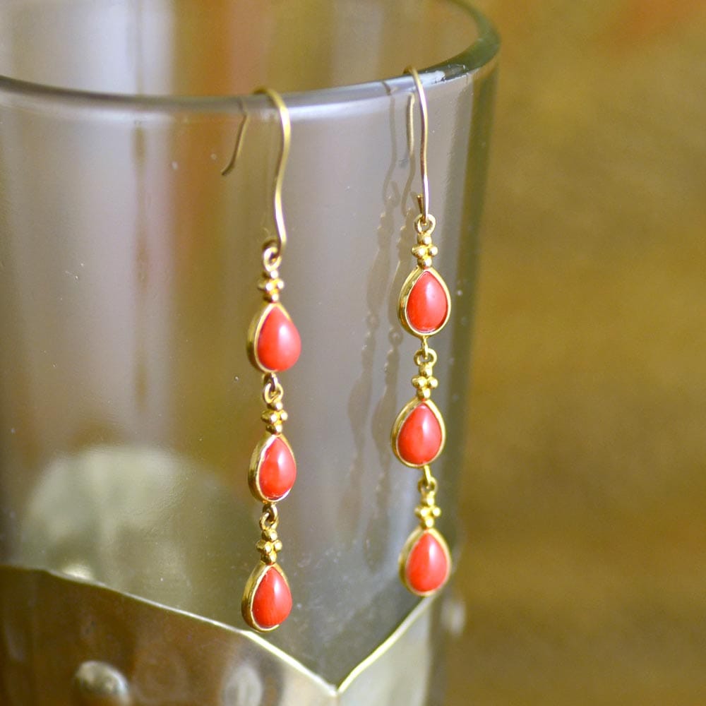 K10 珊瑚 3石 スイングイヤリング ピアス