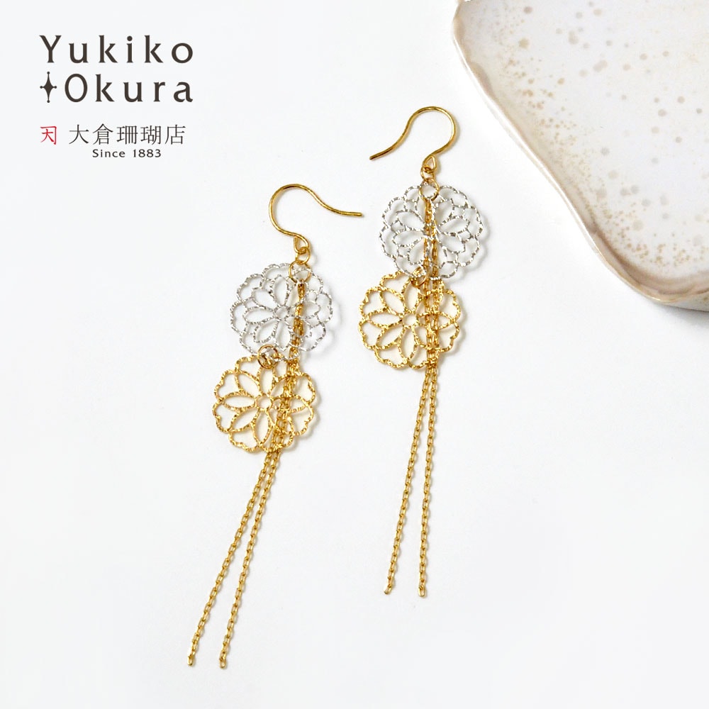 K18ダブルフラワー透かしフリンジピアスコンビカラーゴールド