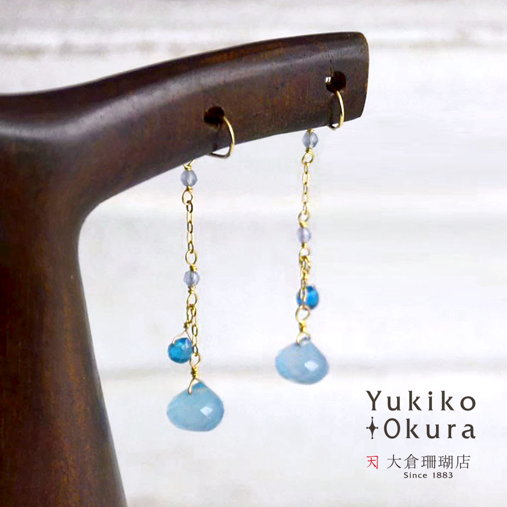 K18 ブルーカルセドニー アパタイト フリンジ ピアス