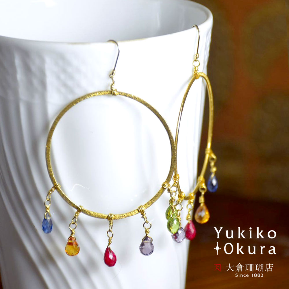 K18 （フック） ライトアメシスト ルビーカラー サファイヤ シトリン フープ ピアス