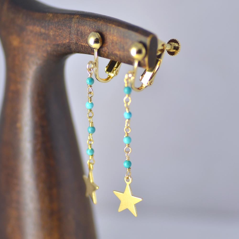 ターコイズ メタルパーツ（星） ロング イヤリング  ピアス