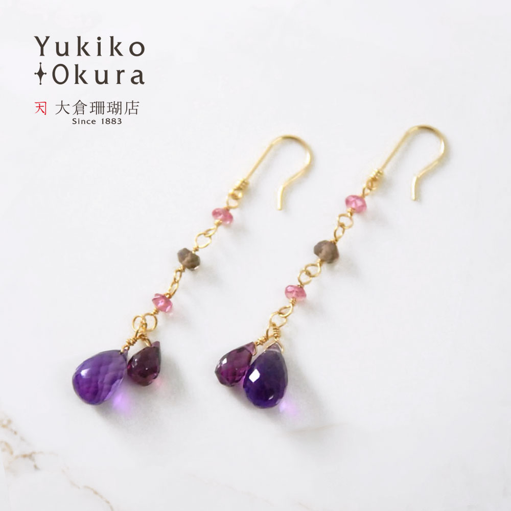 K18 アメシスト ガーネット ロング ピアス