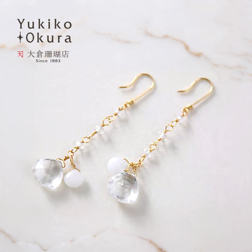 K18 ホワイトトパーズ ホワイトクォーツ ロング ピアス