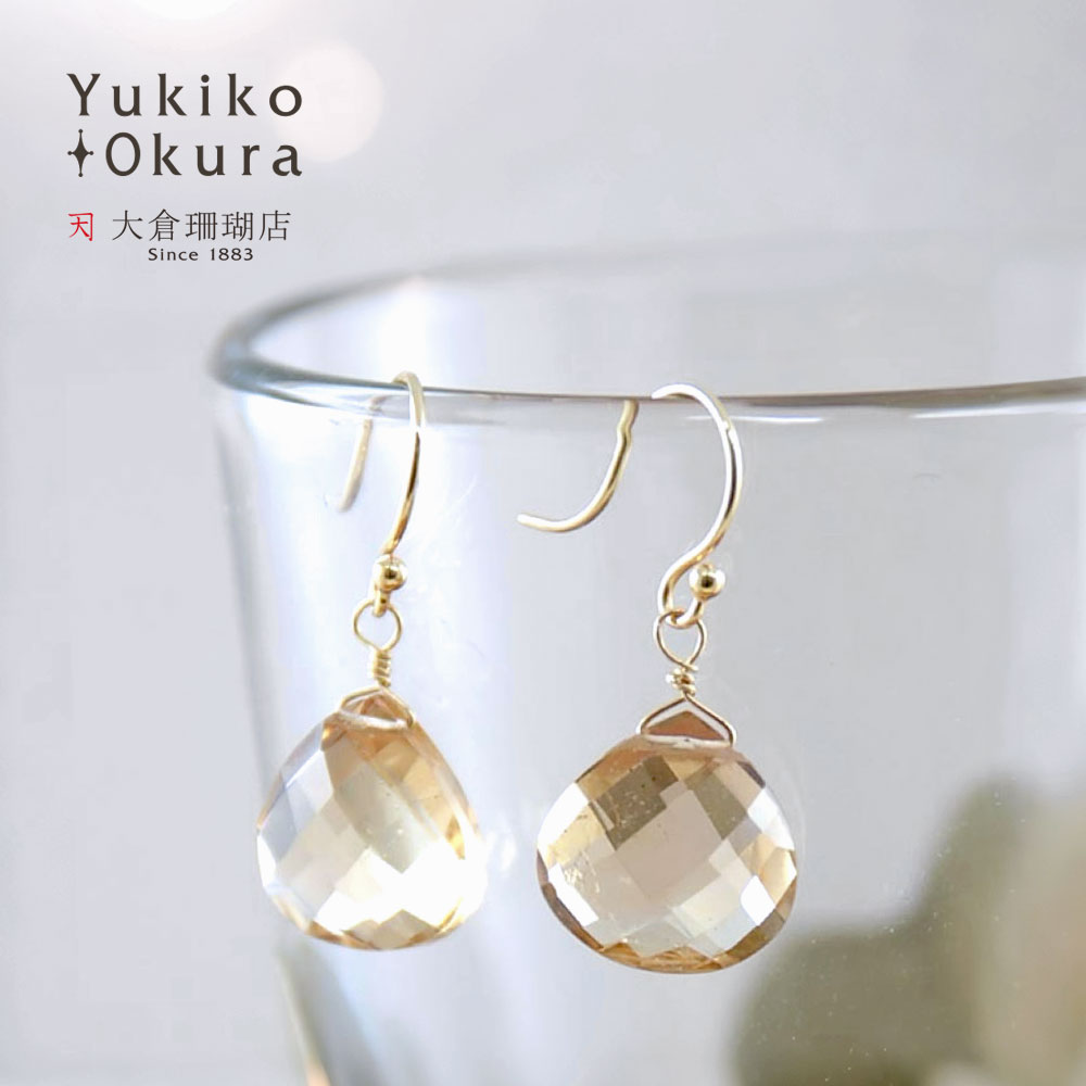 K18 シャンパンクォーツ マロンカット イヤリング ピアス