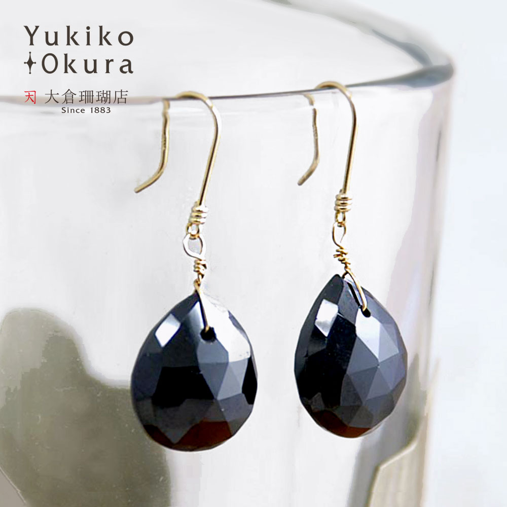 K18 ブラック スピネル ボリューム ドロップ カット イヤリング ピアス