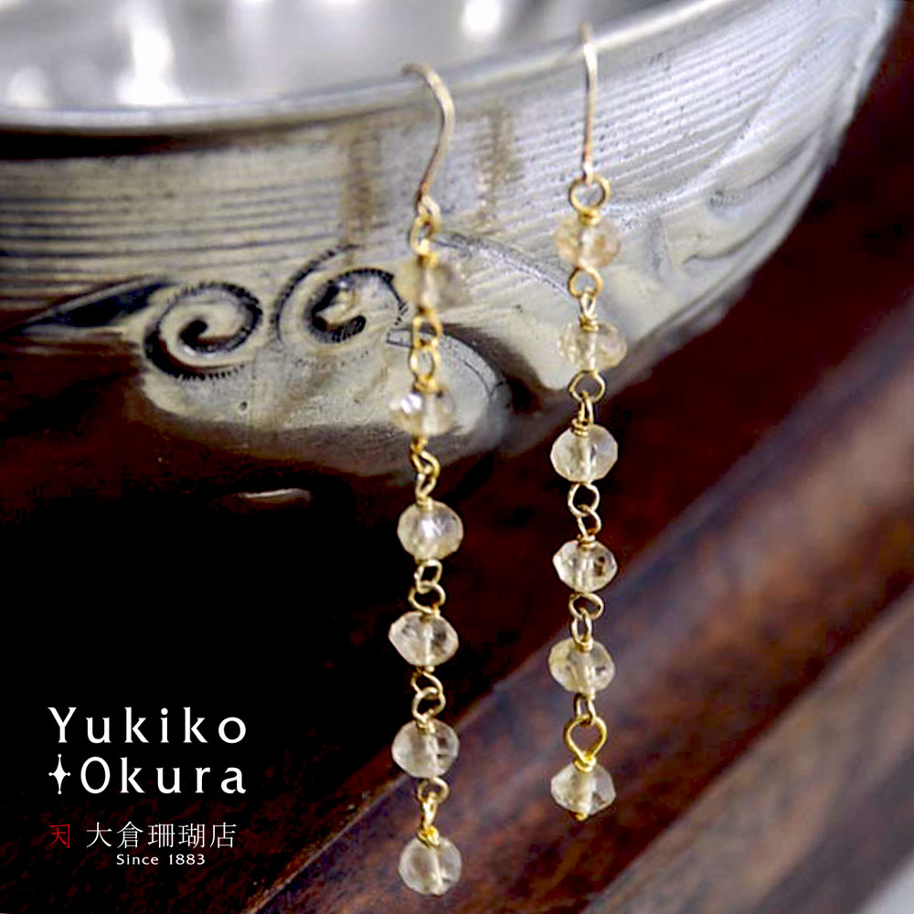 シルバー925 シトリン ボタン チェーン ゴールド イヤリング ピアス