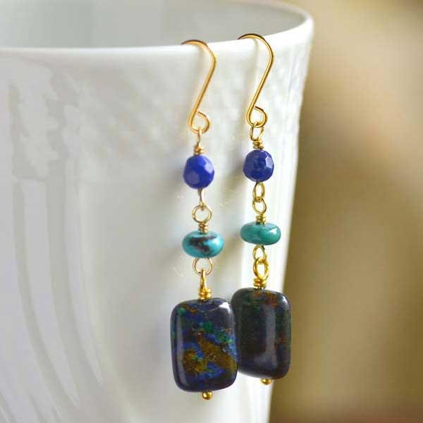 アズライト ターコイズ ラピスラズリ ロング イヤリング ピアス