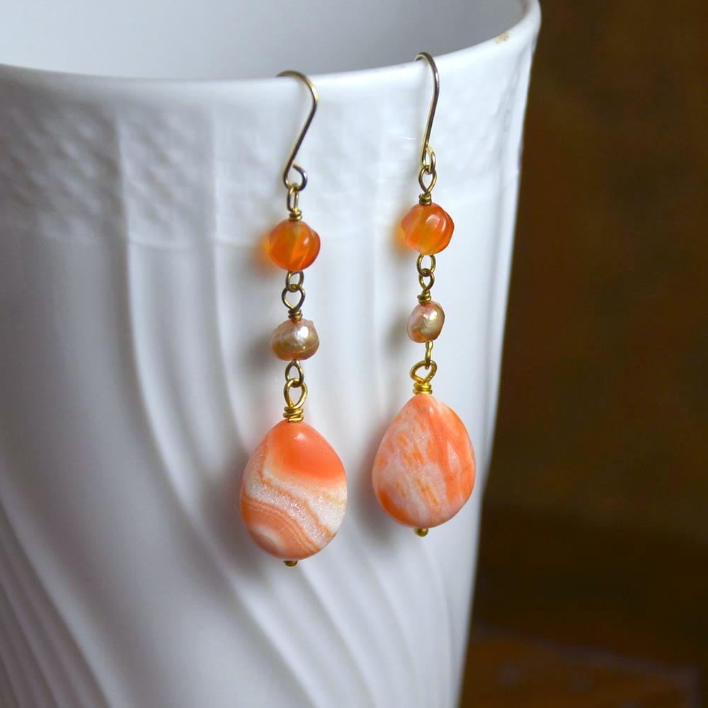 オレンジアゲイト カーネリアン 淡水パール イヤリング ピアス