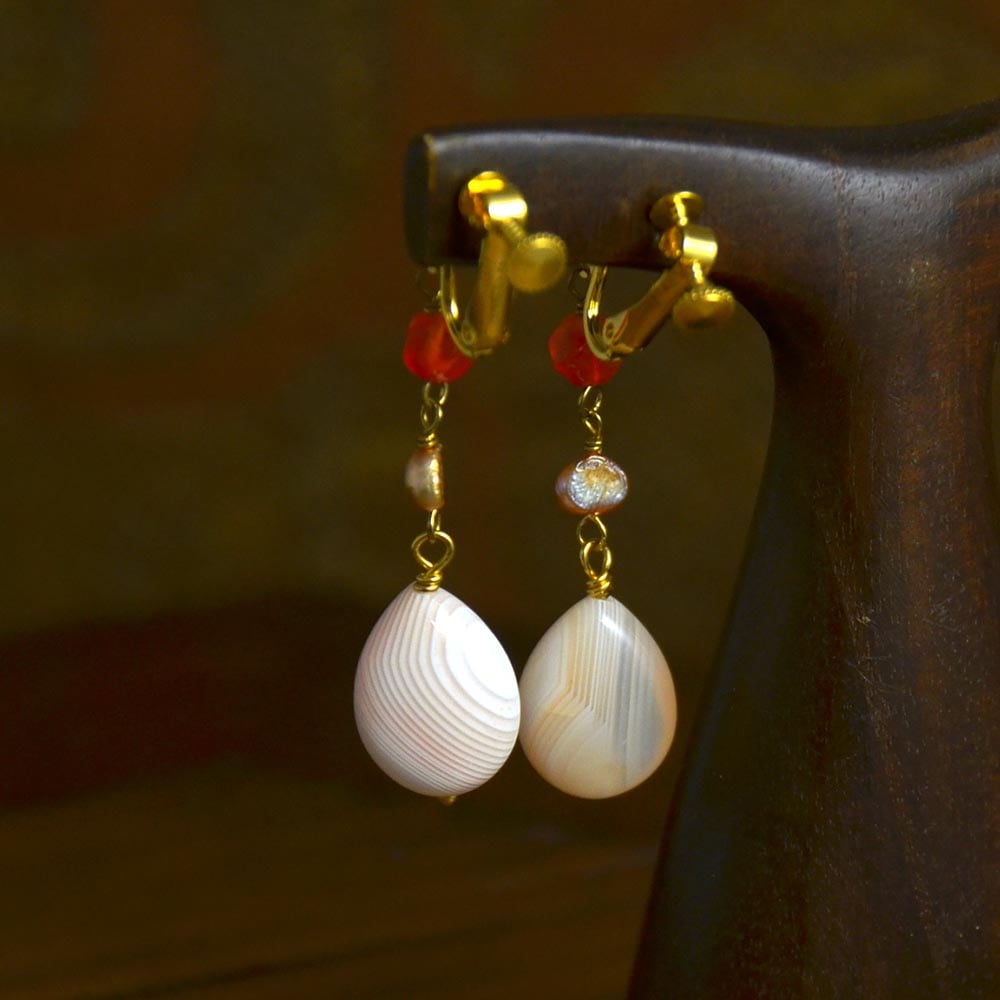 アゲイト カーネリアン 淡水パール イヤリング ピアス