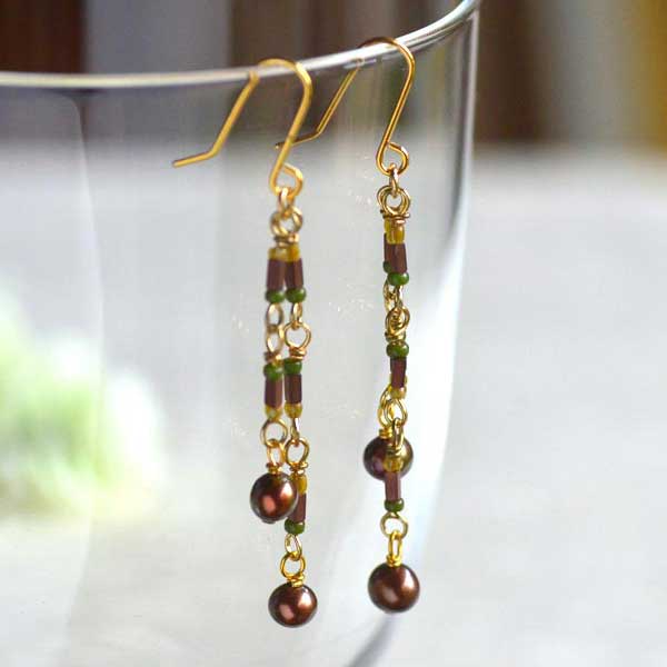 淡水パール ブロンズカラーストーン イヤリング ピアス