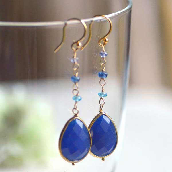 ドロップ サファイアカラーストーン  ロング イヤリング ピアス