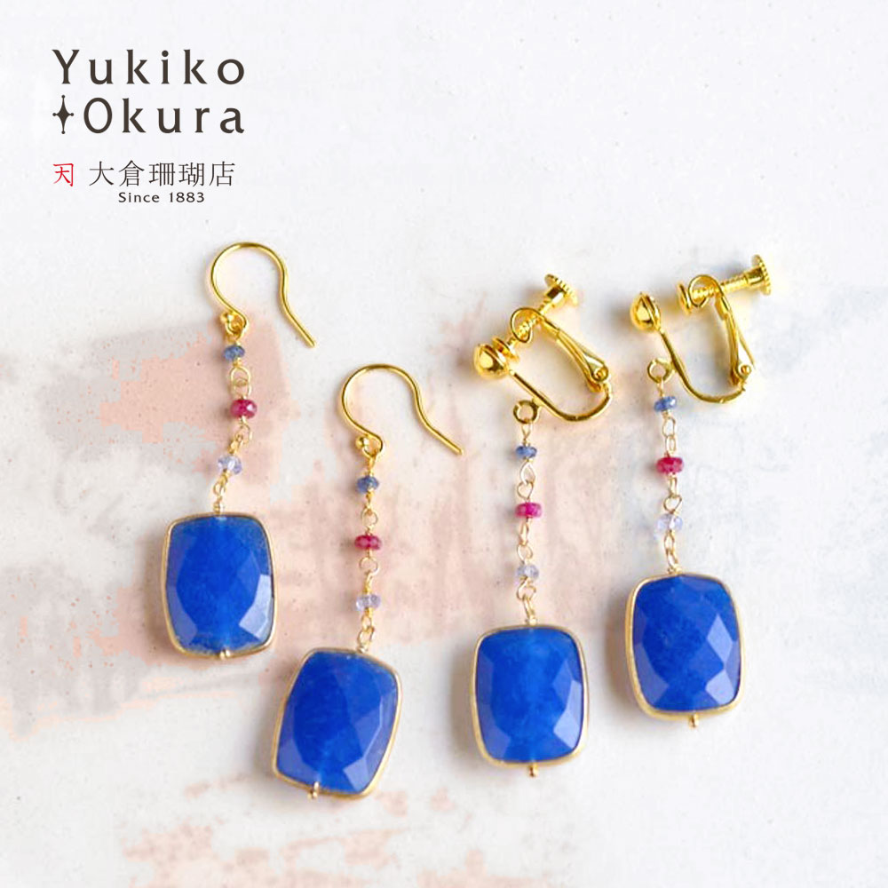 スクエア サファイアカラーストーン  ロング イヤリング ピアス