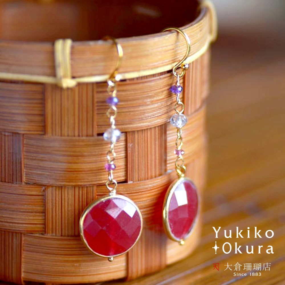 ラウンド ルビーカラーストーン  ロング イヤリング ピアス