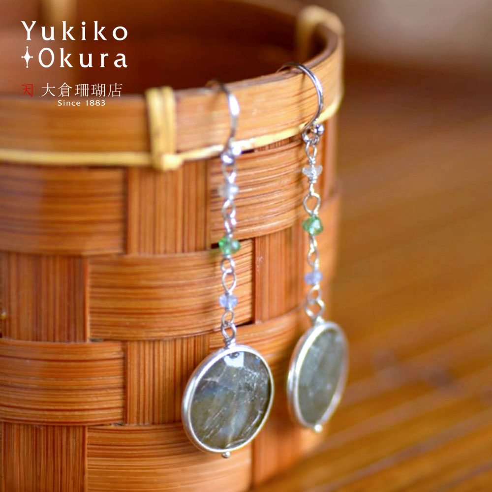 ラウンド ラブラドライト ロング イヤリング ピアス