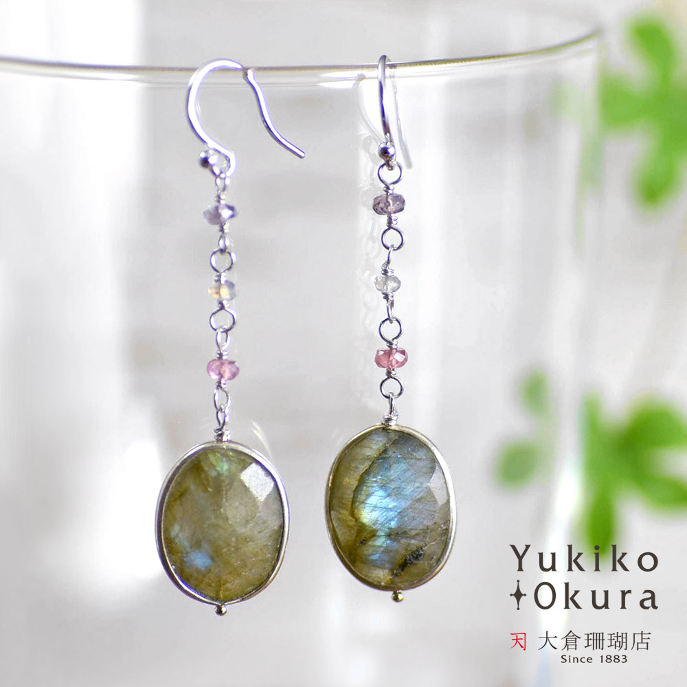 オーバル ラブラドライト スピネル ロング イヤリング ピアス