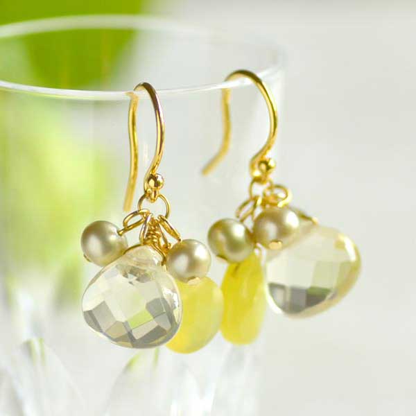 サーペンティン レモンクォーツ 淡水パール イヤリング ピアス