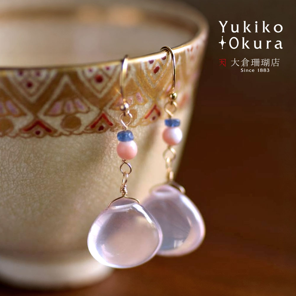 K18 ローズクォーツ サファイア 珊瑚 ピアス