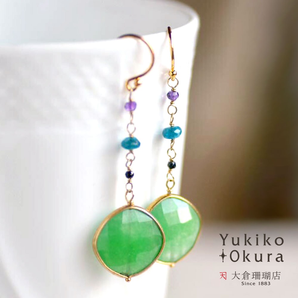 ひし型 エメラルドカラーストーン ロング イヤリング ピアス