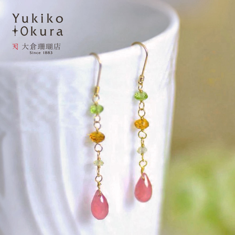K18 ロードクロサイト ペリドット シトリン ロング ピアス
