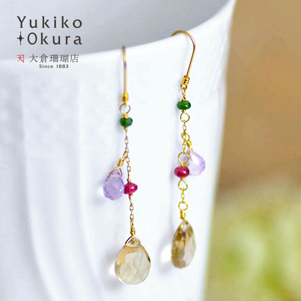 K18 シャンパンクォーツ アメシスト グリーンガーネット レッドスピネル ロング ピアス