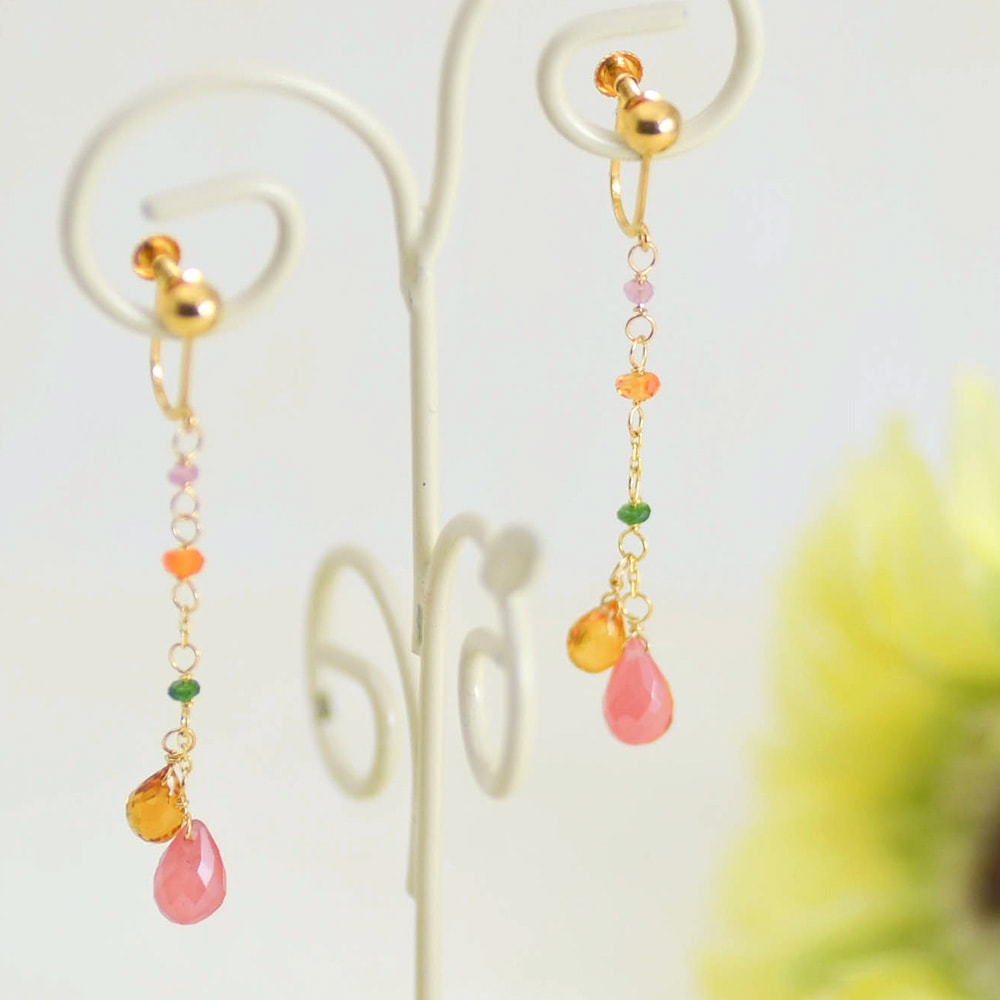 K18 ロードクロサイト サボライト ファイヤーオパール シトリン ピンク トルマリン イヤリング