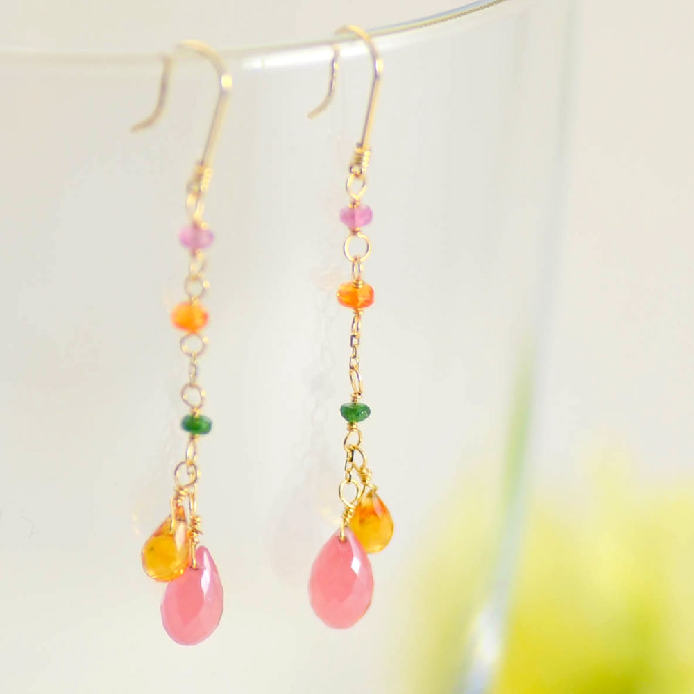 K18 ロードクロサイト サボライト ファイヤーオパール シトリン ピンク トルマリン ピアス