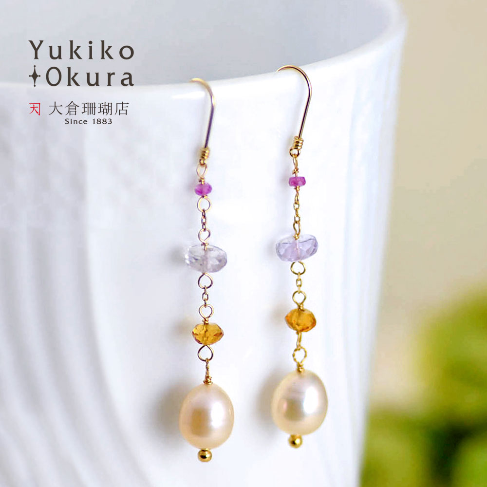 K18 淡水パール ピンクサファイヤ シトリン ライトアメシスト ピアス