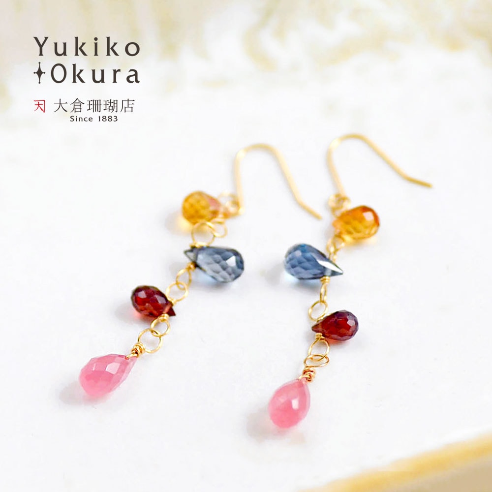 K18 ロードクロサイト ガーネット ロンドンブルートパーズ シトリン ピアス