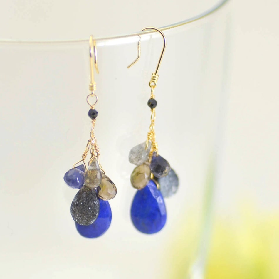 K18 ラピスラズリ ブラック ドゥルージー フリンジ ピアス