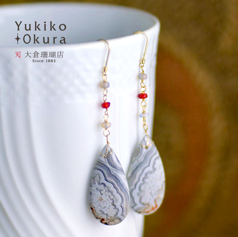 K18 クレ－ジーレースアゲイト オパール ピアス