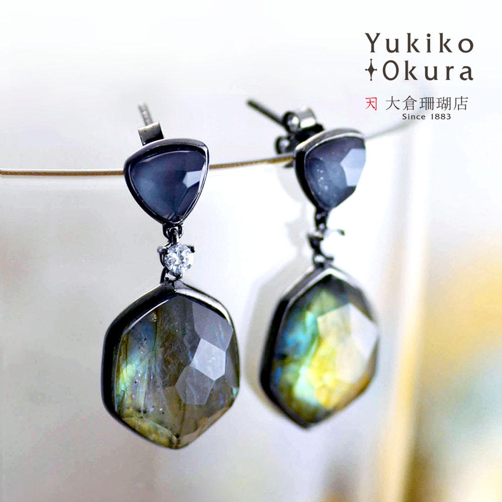 シルバー925 ラブラドライト クォーツ キュービックジルコニア ブラック ピアス