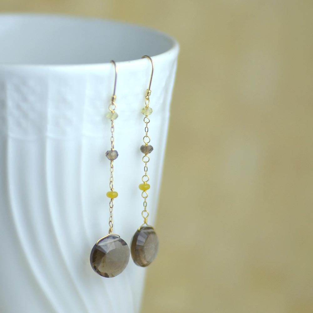 K18 スモーキークォーツ レモンクォーツ イエローオパール イヤリング ピアス
