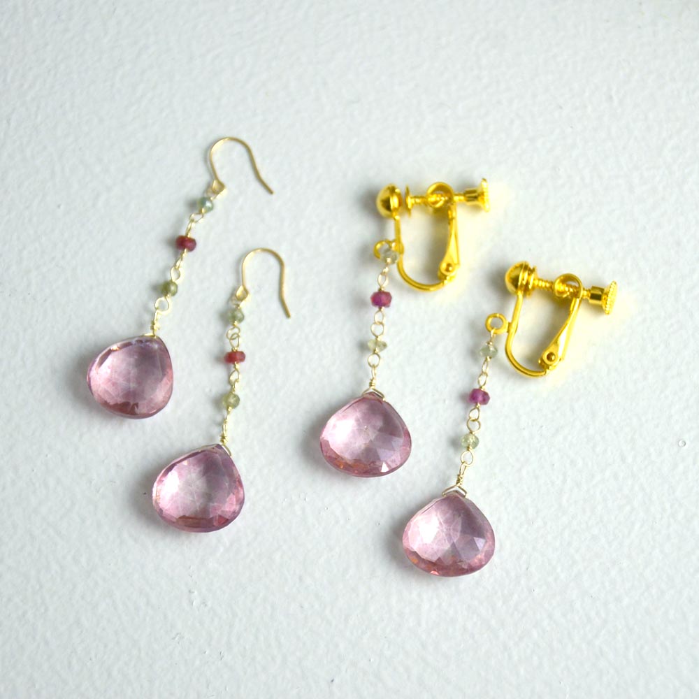 K10 ピンククォーツ ハートカット サファイヤ ロング イヤリング ピアス