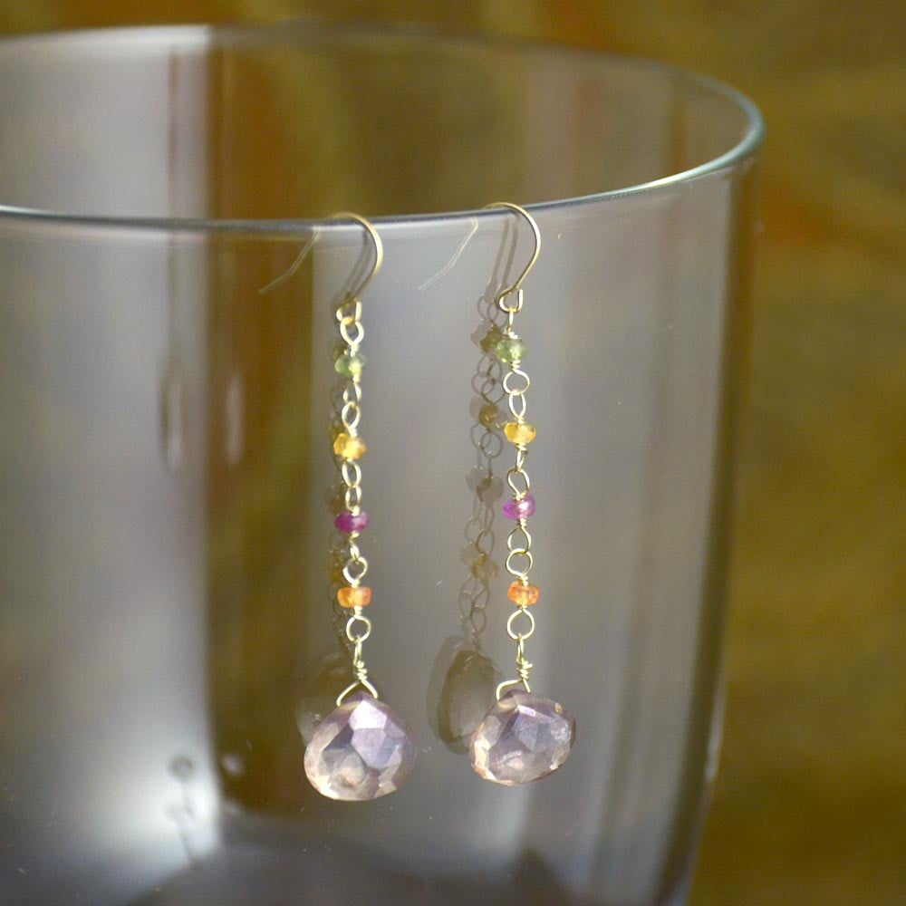 K10 グレークォーツ ハートカット マルチサファイヤ ロング イヤリング ピアス