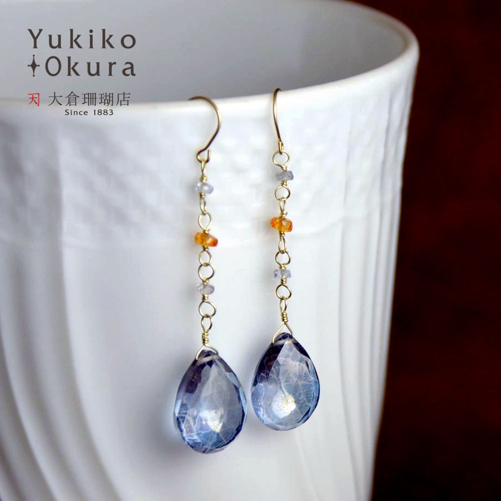 K10 ブルークォーツ フラットドロップ サファイヤ ロングイヤリング ピアス