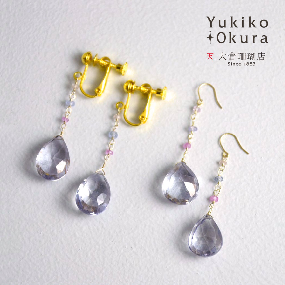 K10 パープルクォーツ フラットドロップ サファイヤ ロング イヤリング ピアス
