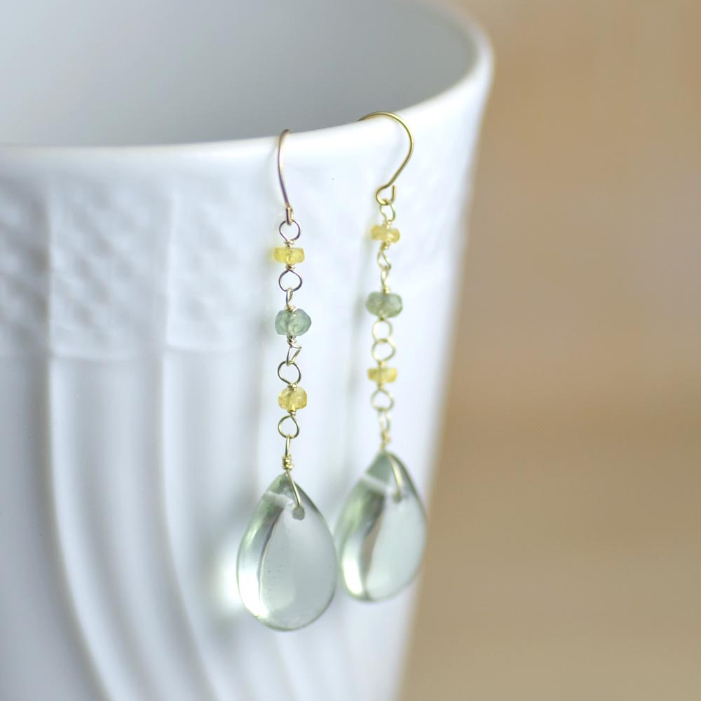 K10 グリーンクォーツ フラットドロップ サファイヤ ロング イヤリング ピアス